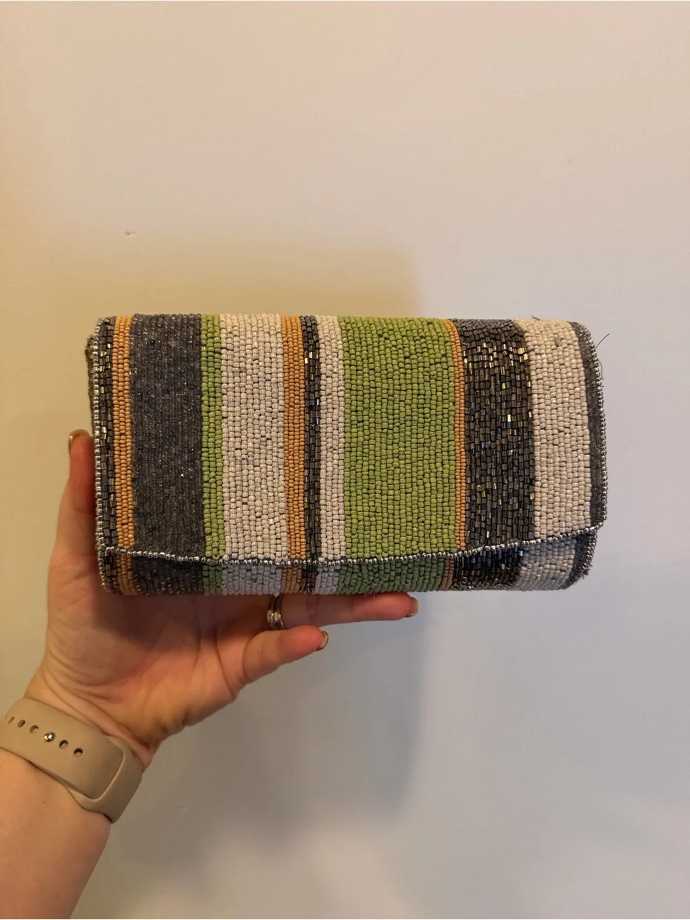 Anthropologie Beaded Stripe Clutch Wallet - Green, Gray & Cream